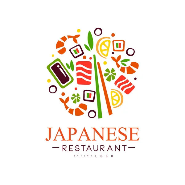 Diseño del logotipo del restaurante japonés, auténtico vector de etiqueta de comida continental tradicional Ilustración sobre un fondo blanco — Archivo Imágenes Vectoriales