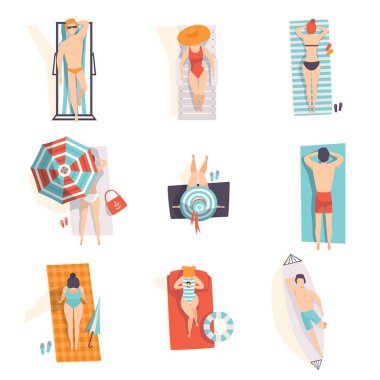 Sahilde güneşlenen genç insanlar, beyaz arka planda yalan söyleyen erkek ve kadın figürlerinin üst görüntüsü