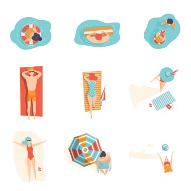 Plaj sette güneşlenme insanlar, yalan ve kadın ve erkek yüzme üstten görünüm vektör çizimler üzerinde beyaz bir arka plan