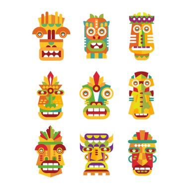 Etnik maske set, kabile Hint ya da Afrika renkli maskeleri beyaz bir arka plan üzerinde çizimler vektör
