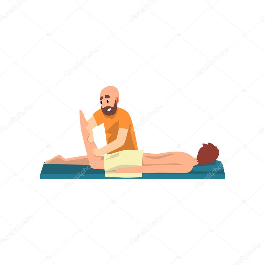 Massage therapy with man, male therapist doing massage, rehabilitation care and physiotherapy treatments vector Illustration