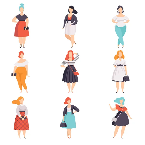 Beautiful plus size women in fashionable clothes set, curvy, overweigh girl pinup model vector Illustrations on a white background — Stock Vector
