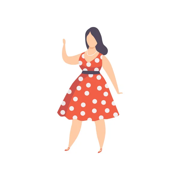Curvy, избыточный вес девушка в красной горошек точка ретро платье, красивая плюс размер моды женщина, тело положительный вектор Иллюстрация на белом фоне — стоковый вектор