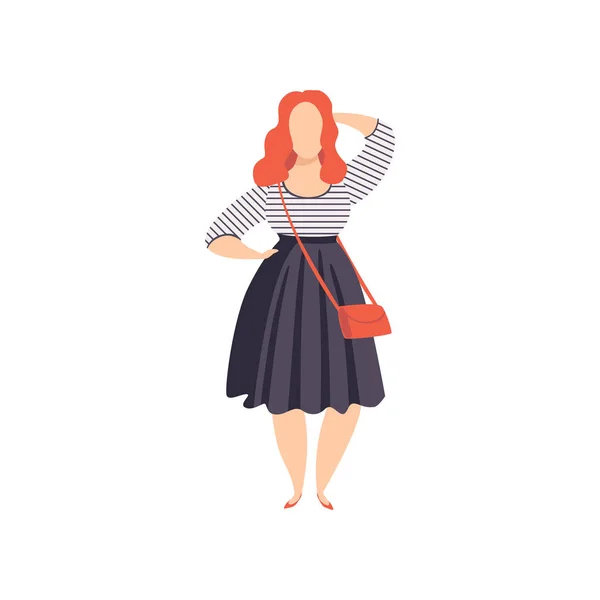 Beautiful red haired curvy, overweigh girl in fashionable clothes, plus size fashion woman, body positive vector Illustration on a white background — Stock Vector