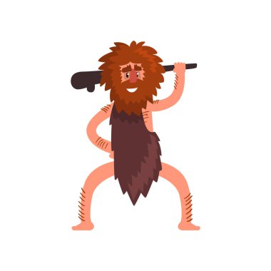 Ahşap Kulübü, beyaz bir arka plan üzerinde taş devri tarih öncesi insan karakter karikatür vektör çizim ile ilkel mağara adamı