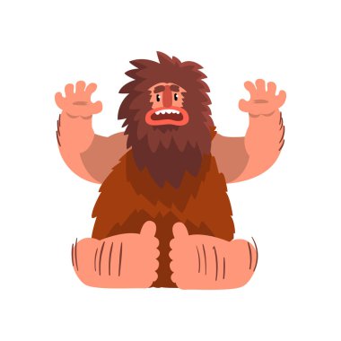 Komik ilkel mağara adamı, taş devri tarih öncesi insan karakter karikatür vektör çizim beyaz bir arka plan üzerinde