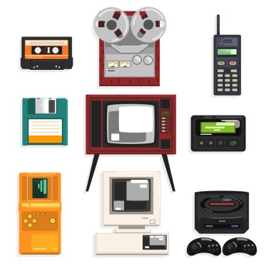 Koleksiyonu retro tekniği, ses müzik kaset, reel kaydedici, taşınabilir radyo, çağrı cihazı, Tv, tetris, disket, beyaz bir arka plan üzerinde bilgisayar vektör çizimler