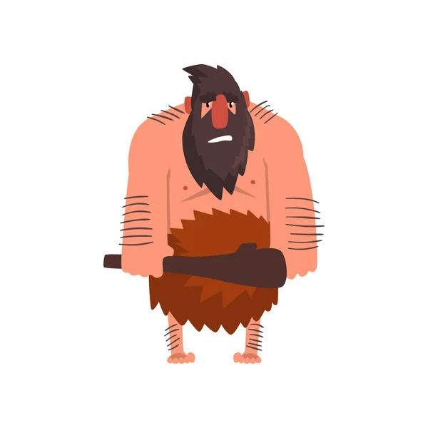 Hombre de las cavernas primitivo muscular con club, edad de piedra personaje prehistórico vector de dibujos animados Ilustración sobre un fondo blanco — Vector de stock