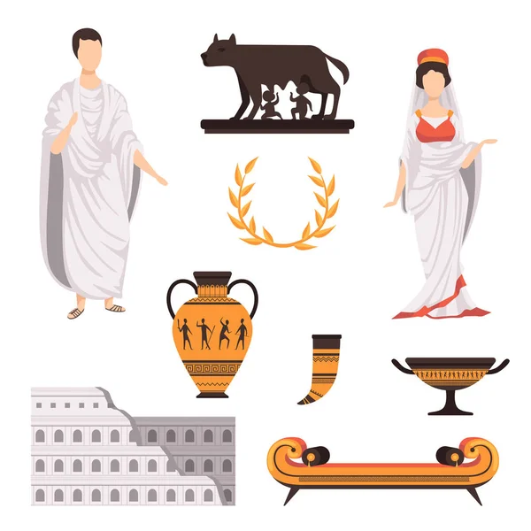 Símbolos culturales tradicionales de la antigua Roma establecen vectores Ilustraciones sobre un fondo blanco — Archivo Imágenes Vectoriales