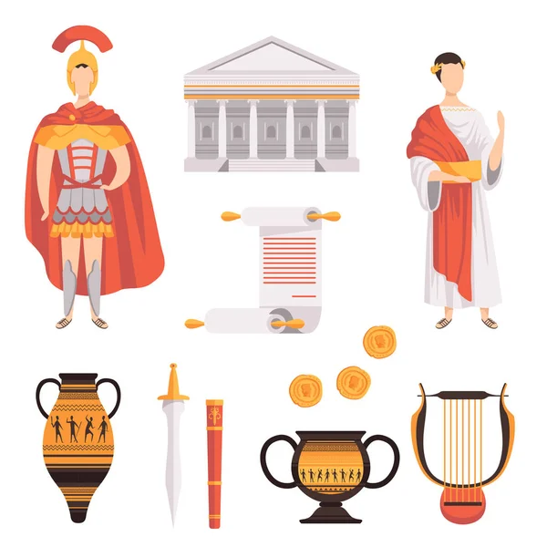 Tradycyjne symbole starożytnego Cesarstwa Rzymskiego zestaw wektorowych ilustracji na białym tle — Wektor stockowy