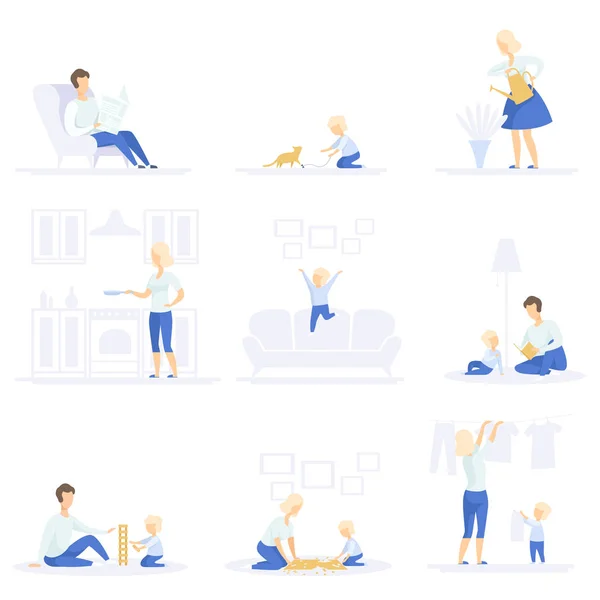 Les parents et leur enfant passent du temps ensemble et font leurs devoirs ensemble, concept de mode de vie familial vecteur Illustrations sur un fond blanc — Image vectorielle