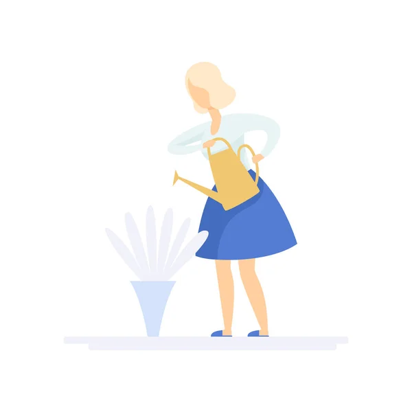 Belle jeune femme blonde arrosant des fleurs avec arrosoir, concept de style de vie familial vecteur Illustration sur fond blanc — Image vectorielle