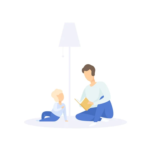 Vader lezen van een boek met zijn kleine kind, familie lifestyle concept vector illustratie op een witte achtergrond — Stockvector