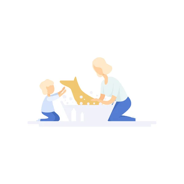 Jonge vrouw wassen schattige hond, kind helpt haar, familie lifestyle concept vector illustratie op een witte achtergrond — Stockvector