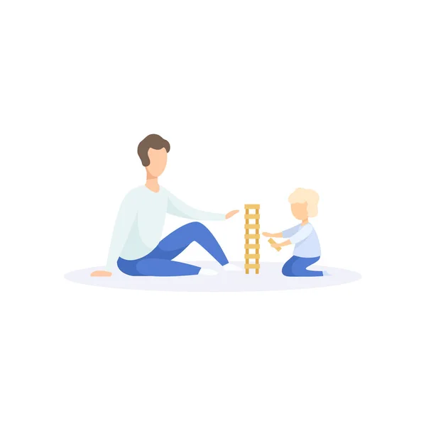 Отец и его ребенок играют в строительные блоки, семейный стиль жизни вектор иллюстрации на белом фоне — стоковый вектор