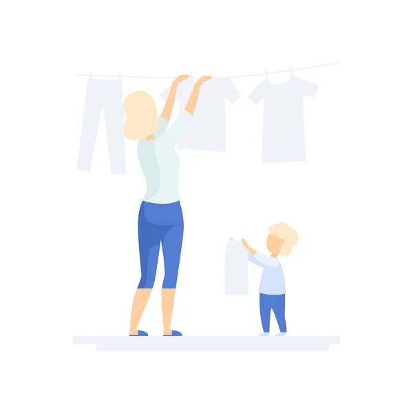 Junge Frau, die nasse Kleidung zum Trocknen aufhängt, kleiner Sohn, der ihr hilft, Vektor-Illustration des Familienlebensstilkonzepts auf weißem Hintergrund — Stockvektor