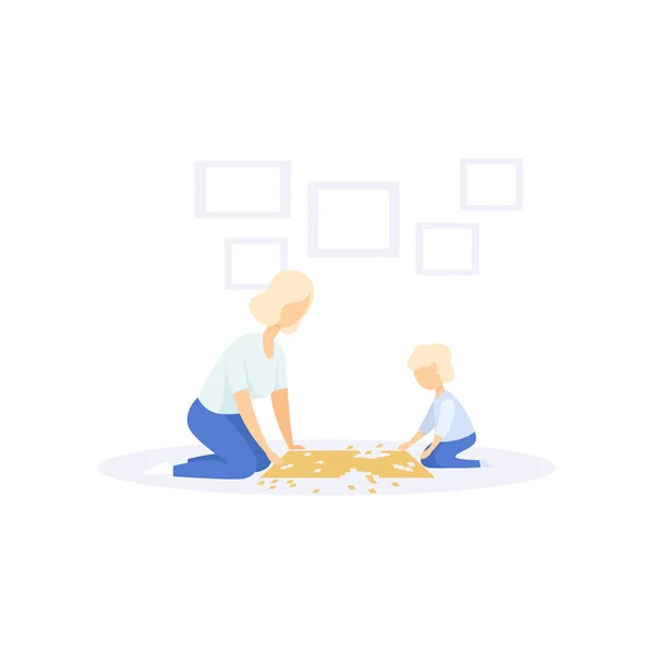 母親と小さな子供の白い背景の上の家族のライフ スタイル概念ベクトル イラスト、ジグソー パズルを解く — ストックベクタ