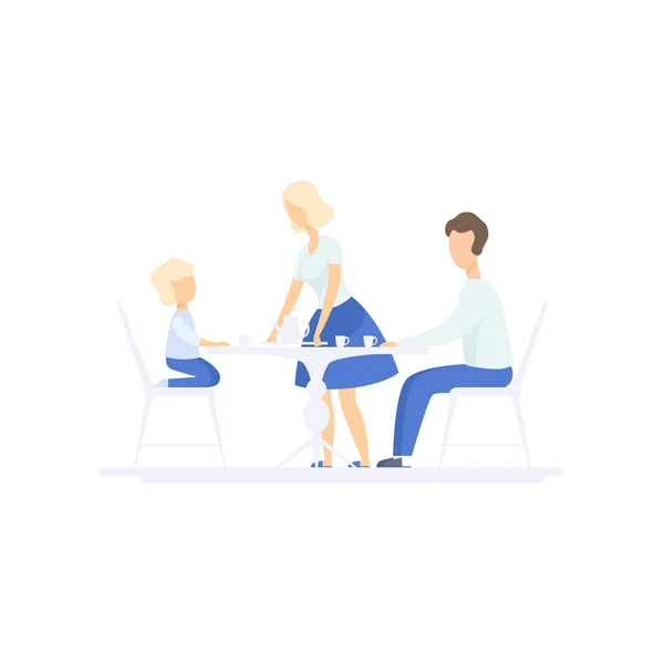 Familjen äter middag tillsammans på köksbordet, familj livsstil begreppet vektor Illustration på vit bakgrund — Stock vektor