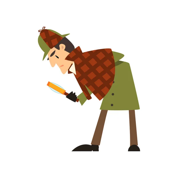 Sherlock Holmes personaje detective con vector de lupa Ilustración sobre fondo blanco — Vector de stock