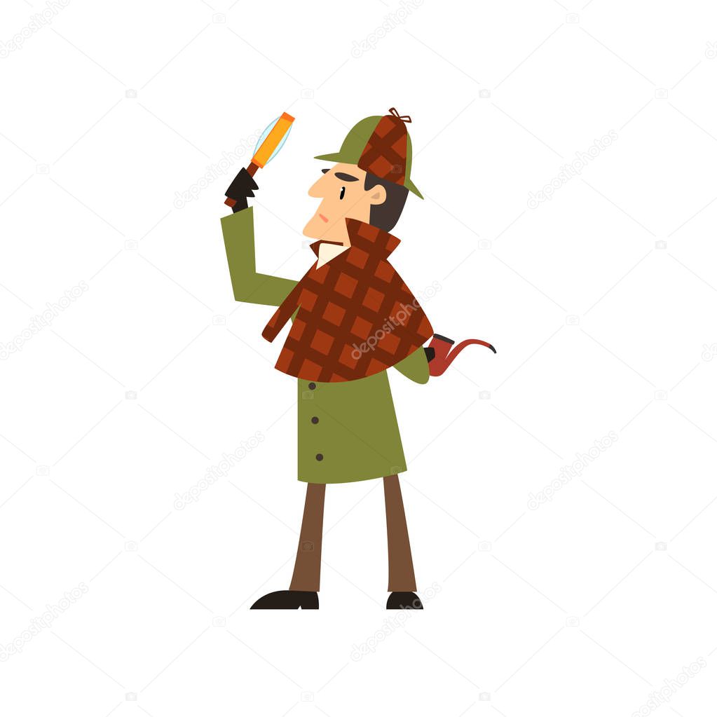 Sherlock Holmes detective character with magnifying glass and smoking pipe vector Illustration on a white background