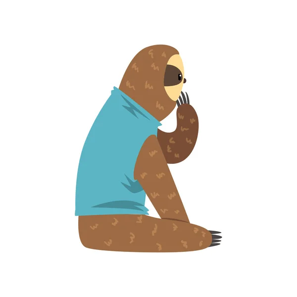 Humour paresseux en t-shirt bleu assis, paresseux exotique forêt tropicale animal personnage vecteur Illustrations sur un fond blanc — Image vectorielle