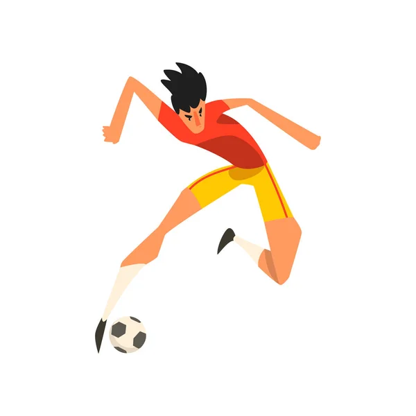Fotbalista skákání dotknout fotbalový míč ve vzduchu vektorové ilustrace na bílém pozadí — Stockový vektor