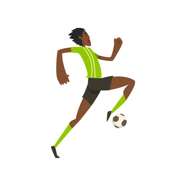 Giocatore di calcio afroamericano in esecuzione e calci il vettore palla Illustrazione su uno sfondo bianco — Vettoriale Stock