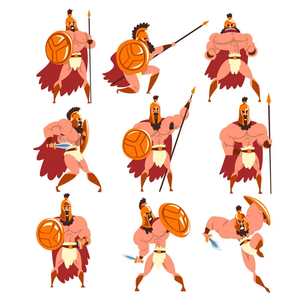 Guerreros espartanos en armadura dorada y capa roja, personajes antiguos soldados vector Ilustraciones sobre fondo blanco — Vector de stock