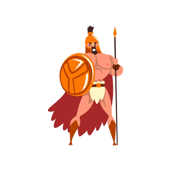 Spartan warrior in golden armor and red cape standing with shield and spear vector Illustration on a white background — Stock Vector