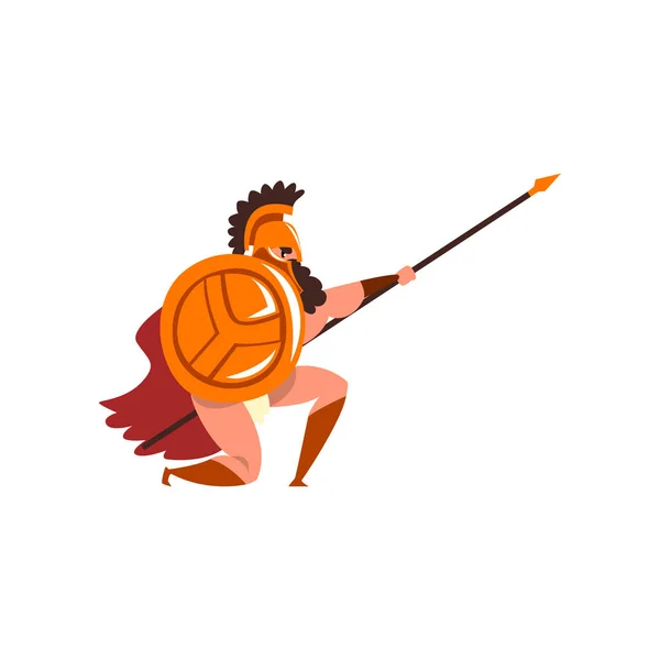Spartański wojownik w złotą zbroję i czerwoną pelerynę, starożytnych żołnierz z tarczę i włócznię wektor ilustracja na białym tle — Wektor stockowy