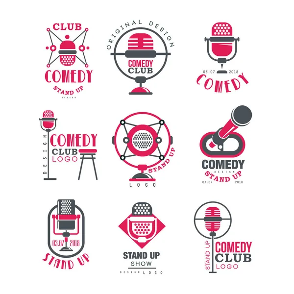 Comédia clube logotipo conjunto de design, stand up mostrar sinais com retro microfone vetor Ilustrações em um fundo branco —  Vetores de Stock