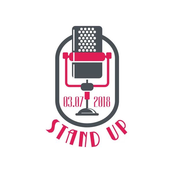 Stand up logo, poster spettacolo commedia con microfono retrò e data vettoriale Illustrazione su sfondo bianco — Vettoriale Stock