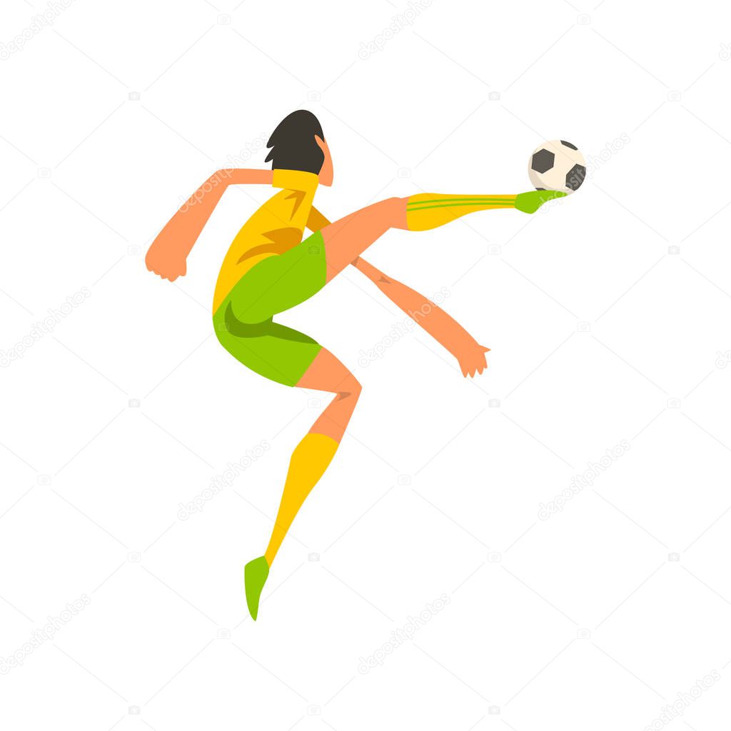 Soccer player in green and yellow uniform kicking the ball cartoon vector Illustration on a white background
