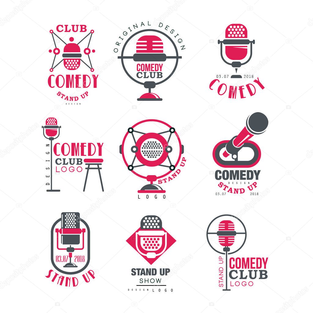 Comedy club logo design set, stand up show signs with retro microphone vector Illustrations on a white background