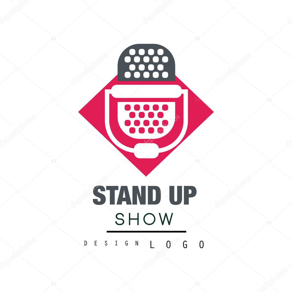 Stand up show logo design, comedy club sign with retro microphone vector Illustration on a white background.