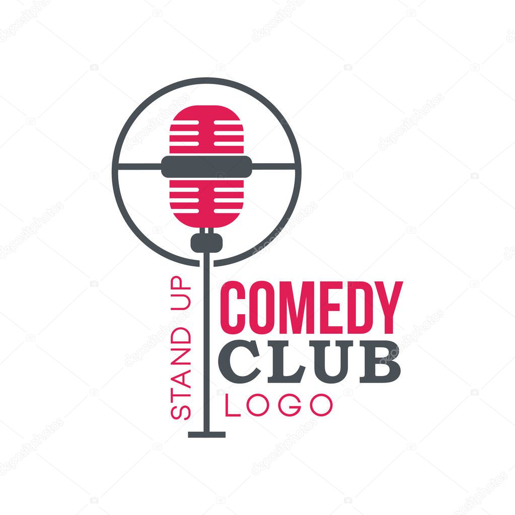 Comedy club stand up logo with retro microphone vector Illustration isolated on a white background.