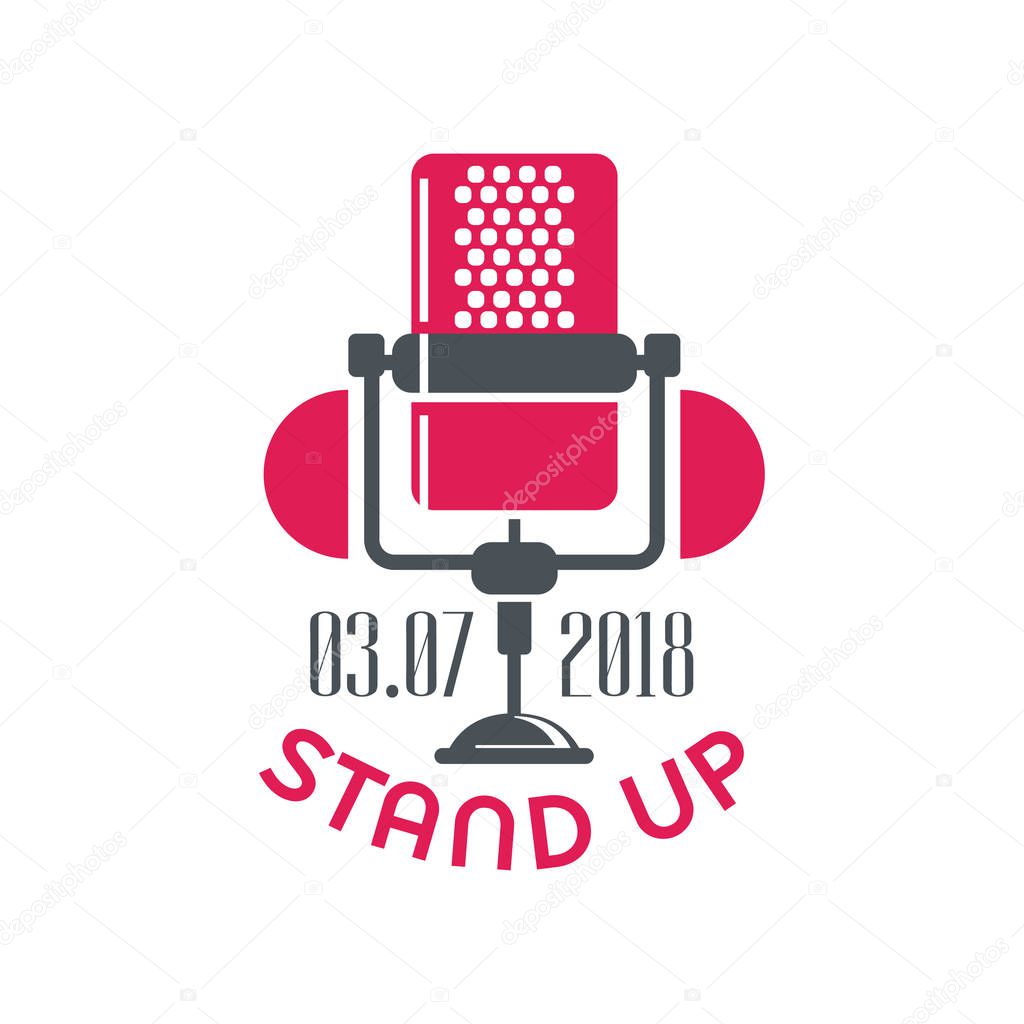 Stand up comedy show sign with retro microphone and date vector Illustration on a white background