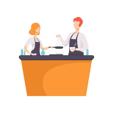 TV sunucusu ve yemek şov Tv Studio, yemek pişirme Konuk üzerinde beyaz bir arka plan illüstrasyon vektör