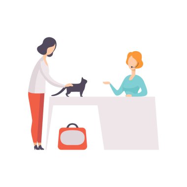 Genç kadın jüri önünde kedi doğurmak Haritayı vektör çizim beyaz bir arka plan siyah kedisinin sunmak