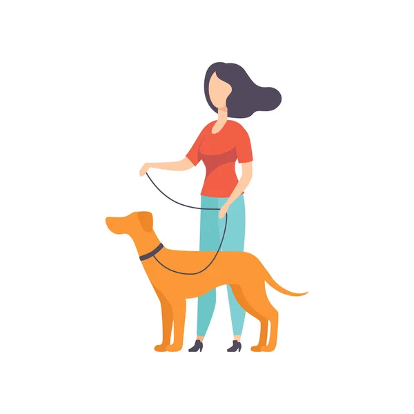 Owner keeping dog on the leash at show exhibition vector Illustration on a white background — Stock Vector