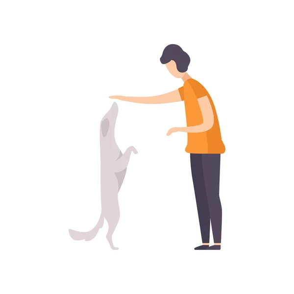 Onun köpek gösteri sergisinde köpek sahibine sunan sahibi üzerinde beyaz bir arka plan illüstrasyon vektör — Stok Vektör