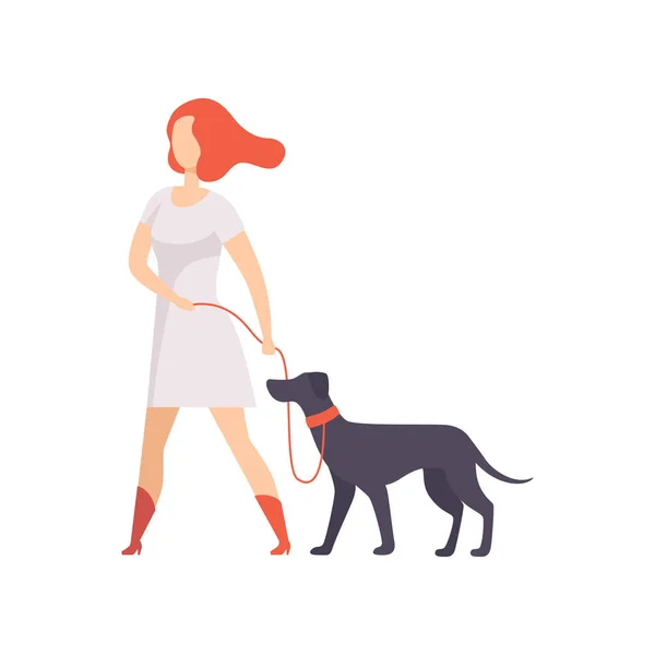 Jonge vrouw houden van haar rasechte hond aan de leiband op Toon tentoonstelling vector illustratie op een witte achtergrond — Stockvector