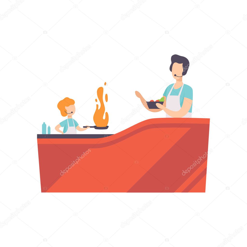 TV presenter and little kid cooking with frying pan in TV studio, cooking show vector Illustration on a white background