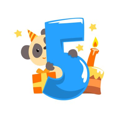 Parti tatlı panda şapka ve beş numara, mutlu Doğum günü, yıldönümü sevimli hayvan karakter vektör çizim üzerinde beyaz bir arka plan ile sayı