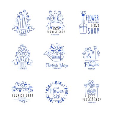 Çiçek dükkanı logo premium ayarla, çiçek butik çiçekçi rozetleri el çizilmiş vektör çizimler beyaz zemin üzerine mavi renklerde