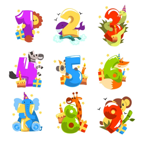 Happy birthday, anniversary numbers with cute animal characters set, funny lion, zebra, whale, snake, fox, giraffe, elephant, panda, koala vector Illustrations on a white background — Stock Vector