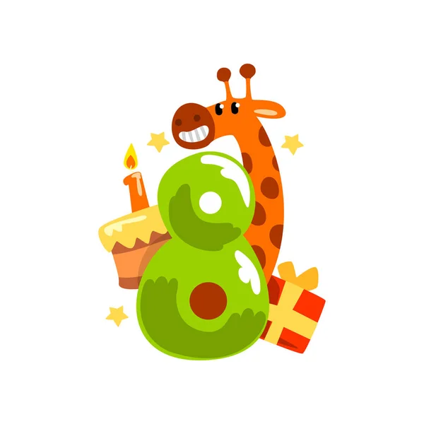 甜美滑稽的长颈鹿和数字八, 生日快乐, 周年纪念数字以可爱的动物字符矢量例证在白色背景上 — 图库矢量图片