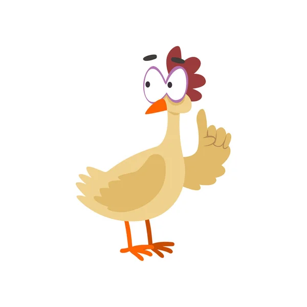 Gallina divertida con el dedo índice levantado, personaje de pájaro de pollo de dibujos animados cómicos con gran vector de ojos Ilustración sobre un fondo blanco — Archivo Imágenes Vectoriales