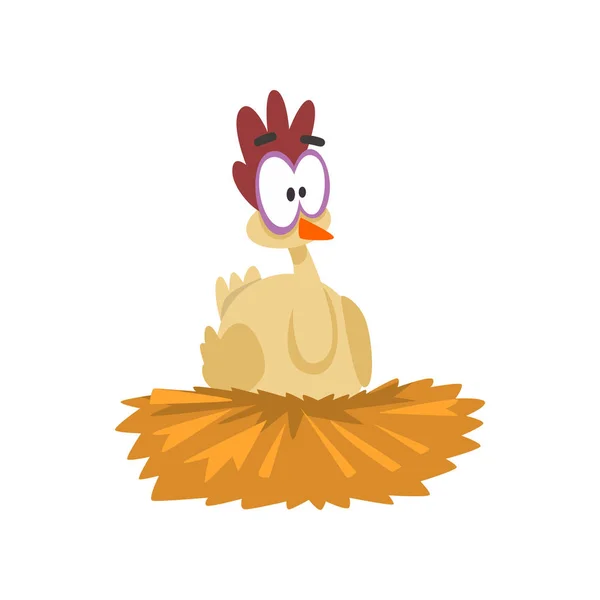 Drôle de poule assise dans le nid, personnage d'oiseau de poulet bande dessinée avec de gros yeux vecteur Illustration sur un fond blanc — Image vectorielle