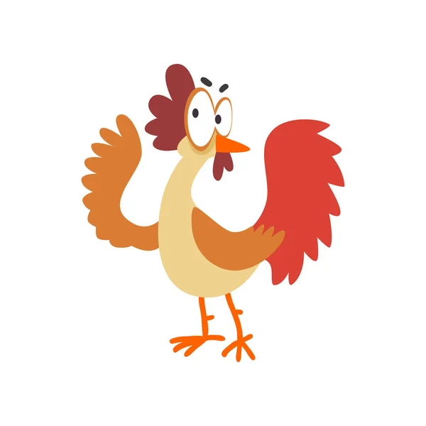 Gallina divertida, personaje de pájaro de pollo de dibujos animados cómicos con grandes ojos vector Ilustración sobre un fondo blanco — Vector de stock